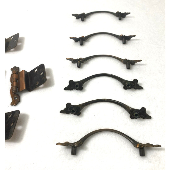 6 Vintage Coppertone Black Metal Cabinet Drawer Pull Handles & 8 Hinges‎ Japan - Picture 8 of 9